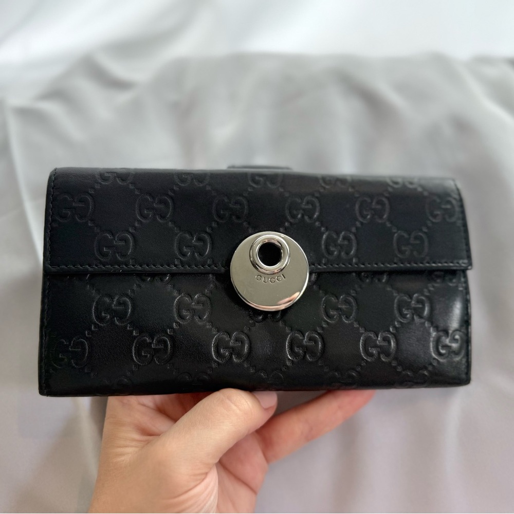 100% Authentic Gucci GG Black Leather Long Bi-Fold Wallet